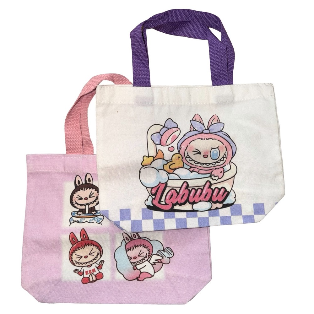 (2) mini canvas Labubo tote bags